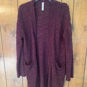 Zenana Outfitters Open-Front Bouclé Cardigan - Wine
